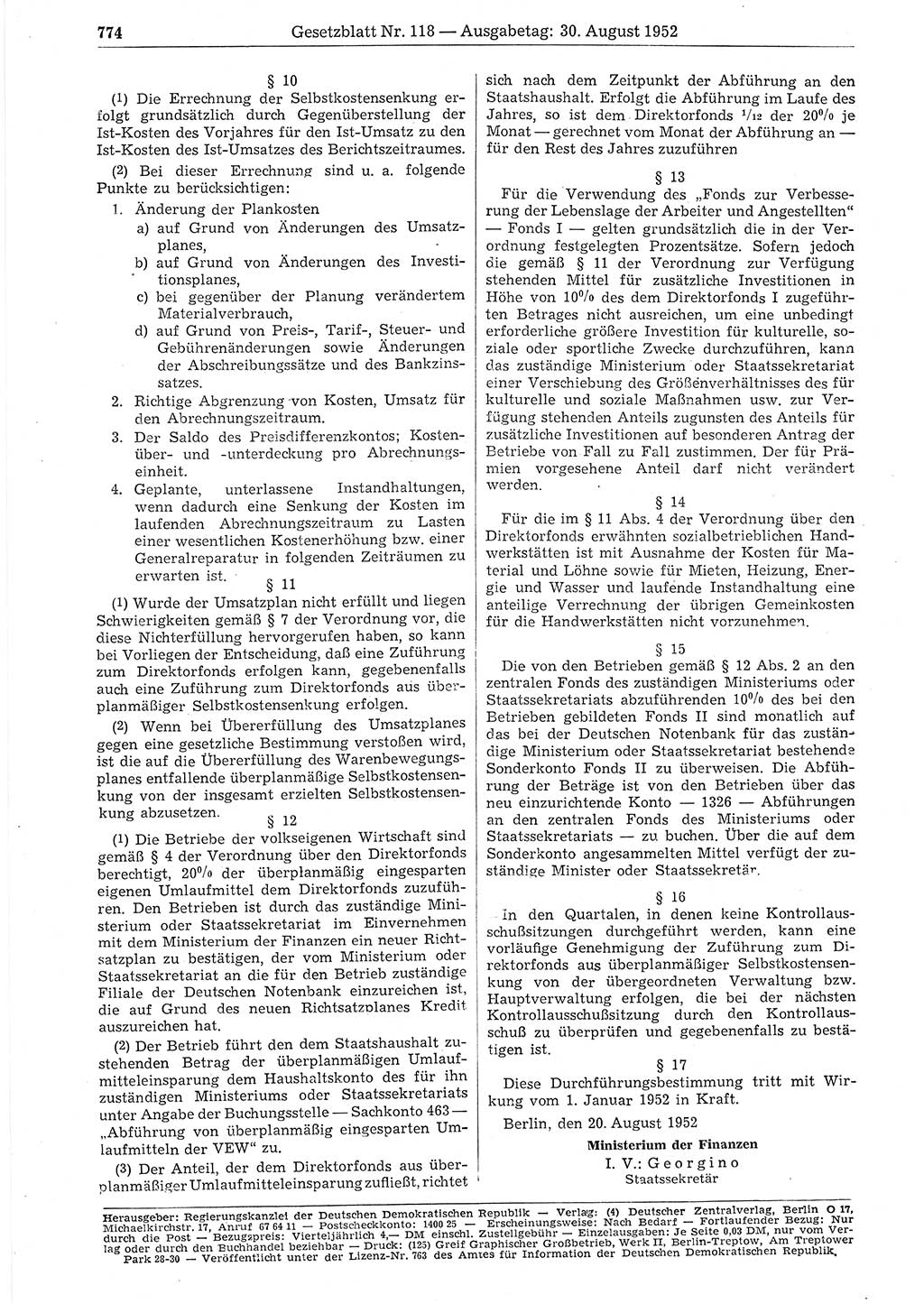 Gesetzblatt (GBl.) der Deutschen Demokratischen Republik (DDR) 1952, Seite 774 (GBl. DDR 1952, S. 774)