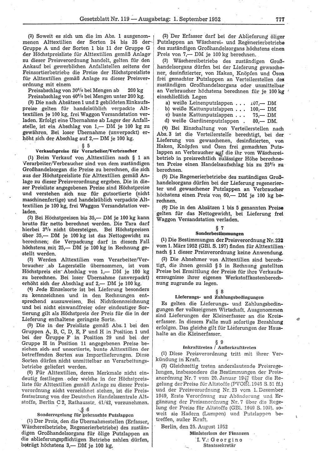 Gesetzblatt (GBl.) der Deutschen Demokratischen Republik (DDR) 1952, Seite 777 (GBl. DDR 1952, S. 777)