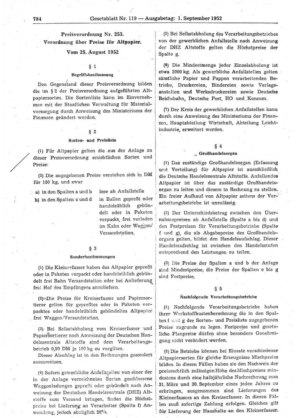 Gesetzblatt (GBl.) der Deutschen Demokratischen Republik (DDR) 1952, Seite 784 (GBl. DDR 1952, S. 784)