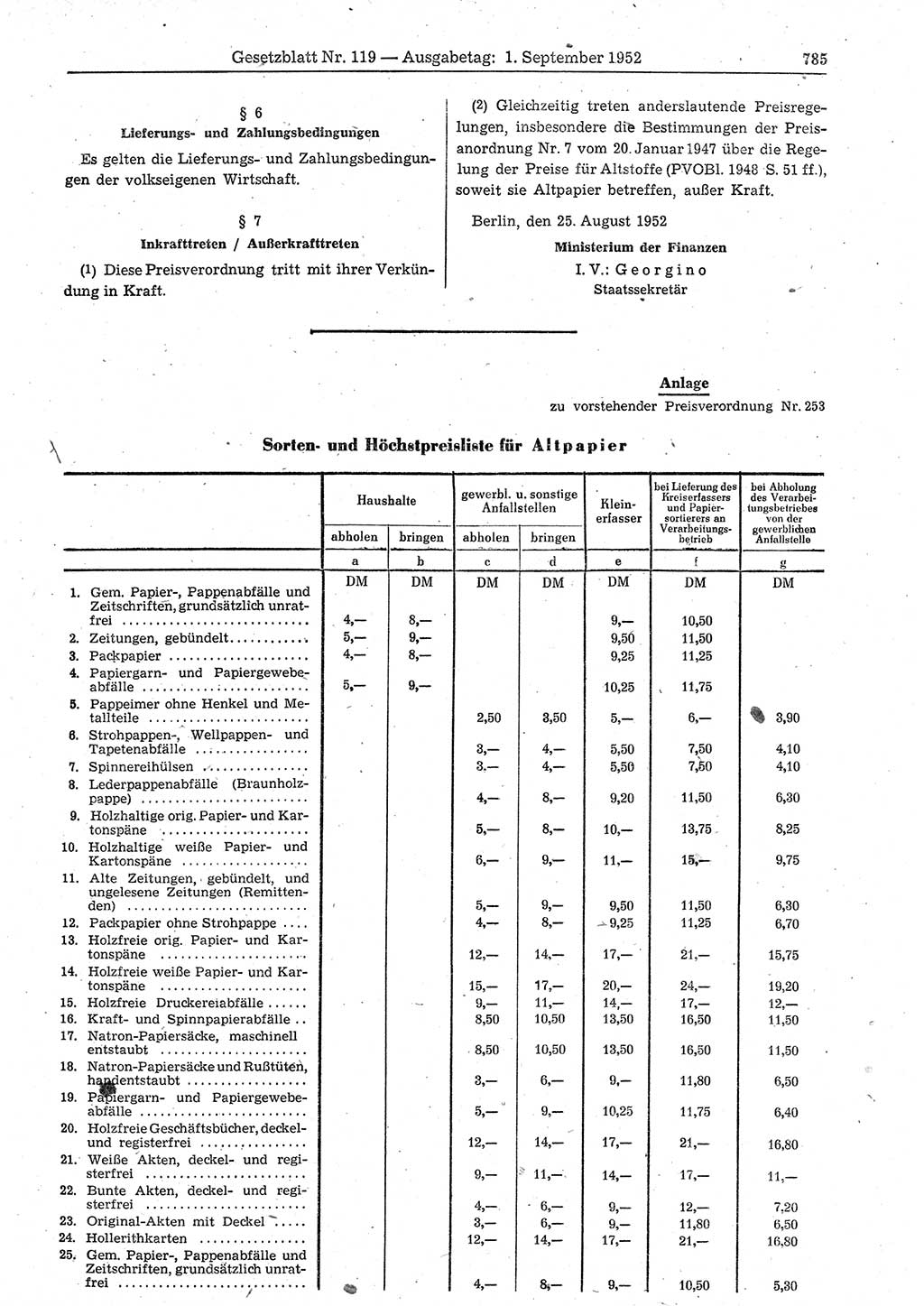 Gesetzblatt (GBl.) der Deutschen Demokratischen Republik (DDR) 1952, Seite 785 (GBl. DDR 1952, S. 785)