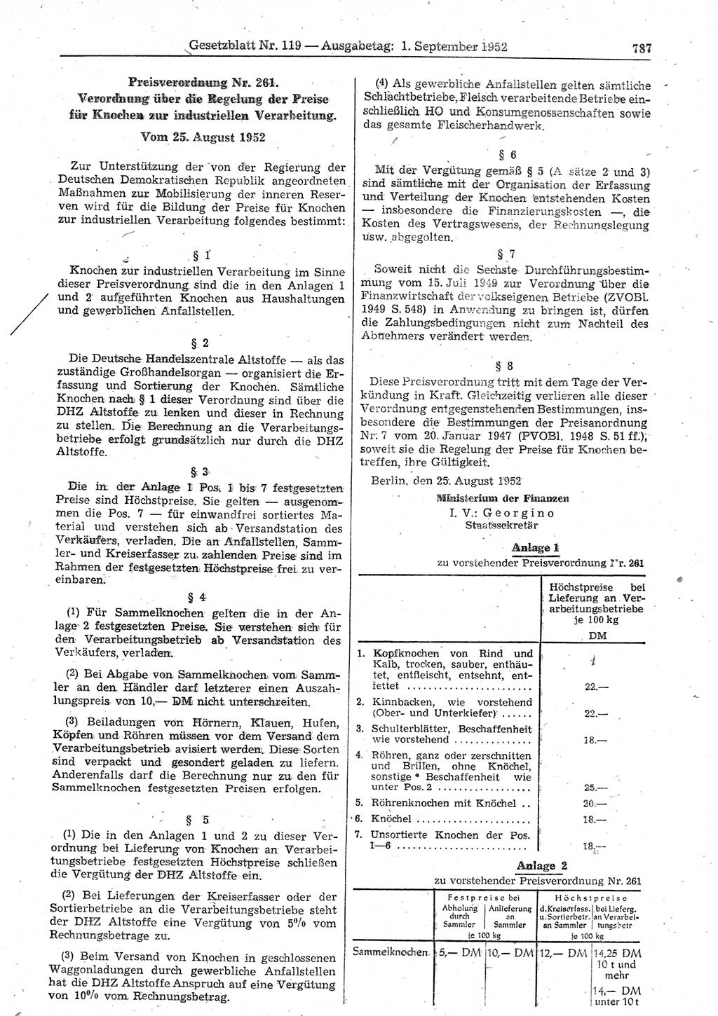 Gesetzblatt (GBl.) der Deutschen Demokratischen Republik (DDR) 1952, Seite 787 (GBl. DDR 1952, S. 787)