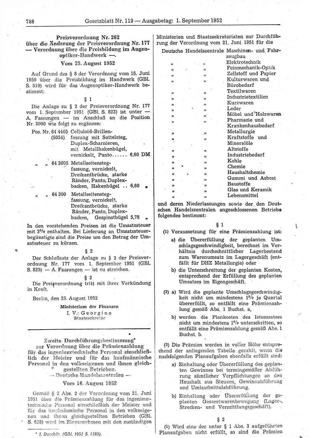 Gesetzblatt (GBl.) der Deutschen Demokratischen Republik (DDR) 1952, Seite 788 (GBl. DDR 1952, S. 788)