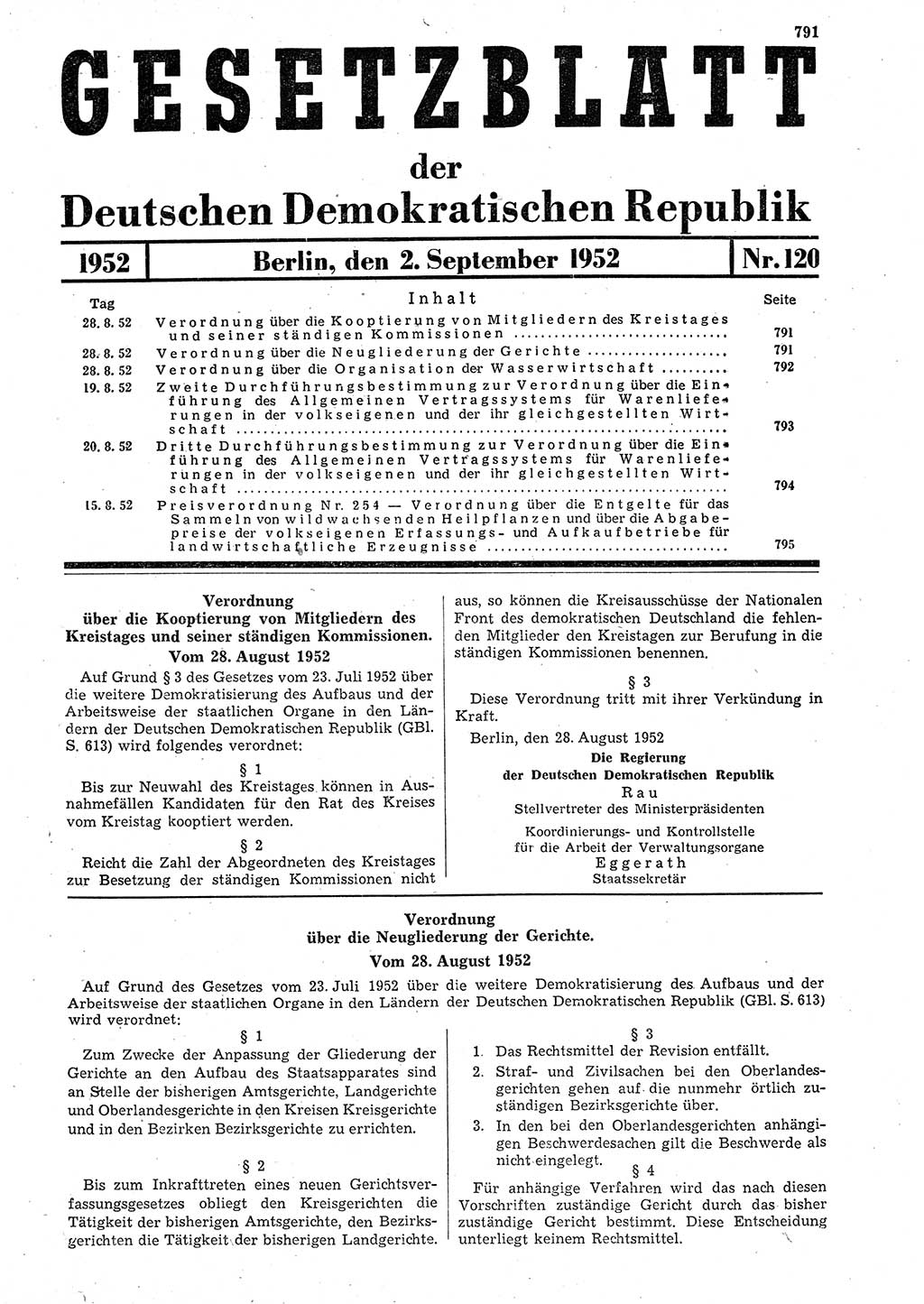 Gesetzblatt (GBl.) der Deutschen Demokratischen Republik (DDR) 1952, Seite 791 (GBl. DDR 1952, S. 791)