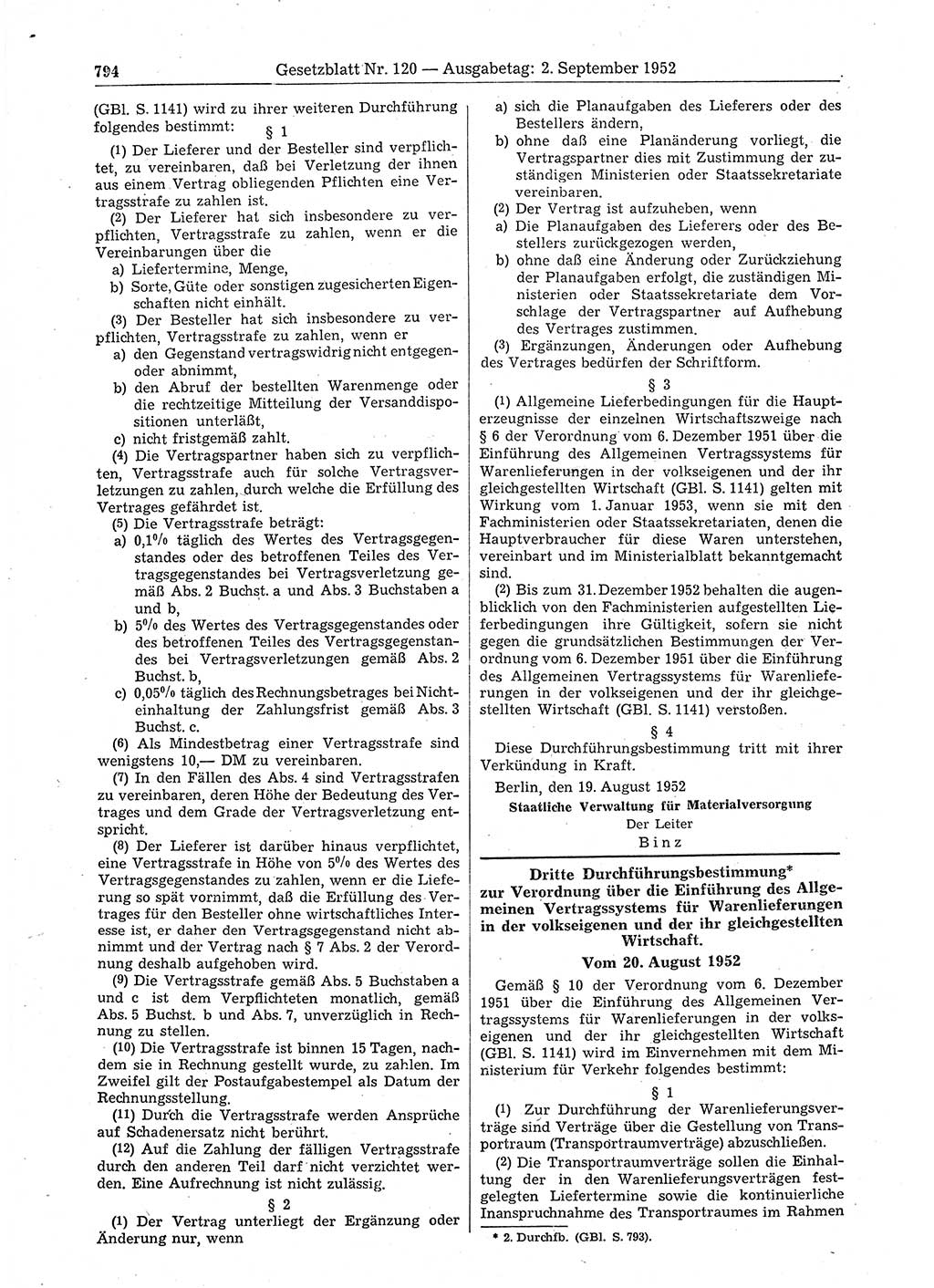 Gesetzblatt (GBl.) der Deutschen Demokratischen Republik (DDR) 1952, Seite 794 (GBl. DDR 1952, S. 794)