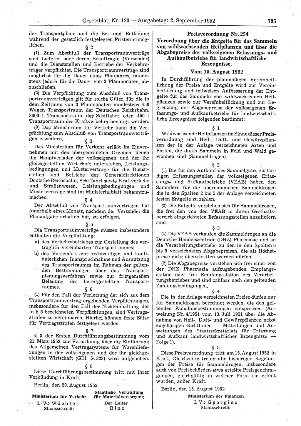 Gesetzblatt (GBl.) der Deutschen Demokratischen Republik (DDR) 1952, Seite 795 (GBl. DDR 1952, S. 795)