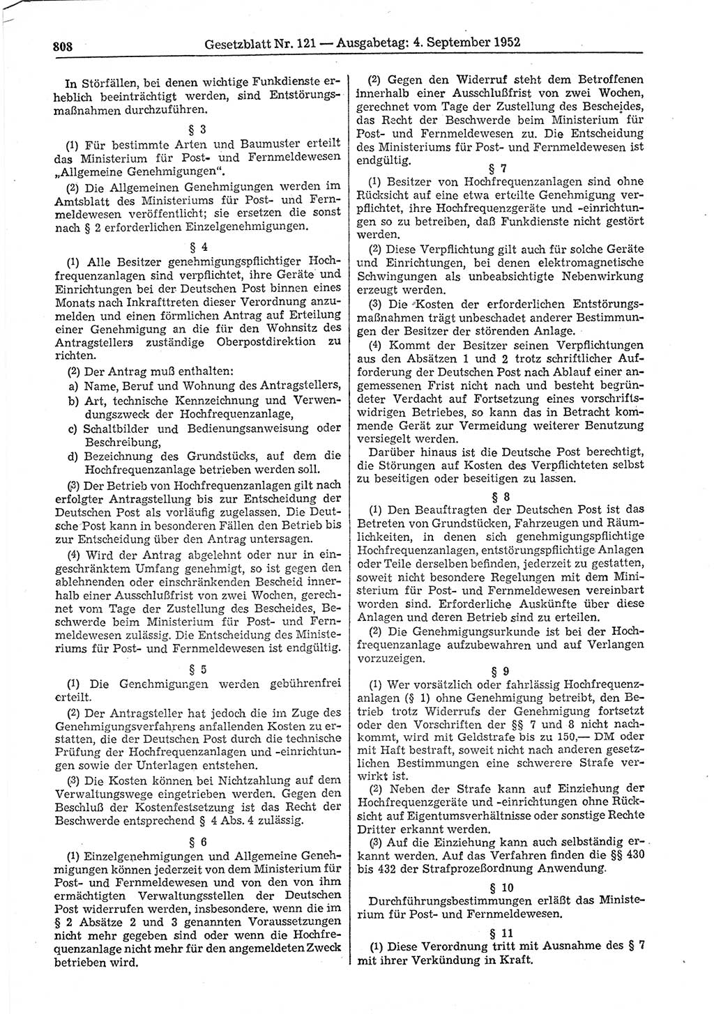 Gesetzblatt (GBl.) der Deutschen Demokratischen Republik (DDR) 1952, Seite 808 (GBl. DDR 1952, S. 808)