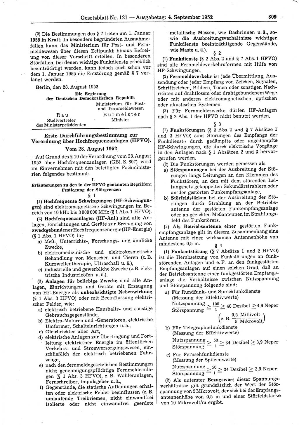 Gesetzblatt (GBl.) der Deutschen Demokratischen Republik (DDR) 1952, Seite 809 (GBl. DDR 1952, S. 809)