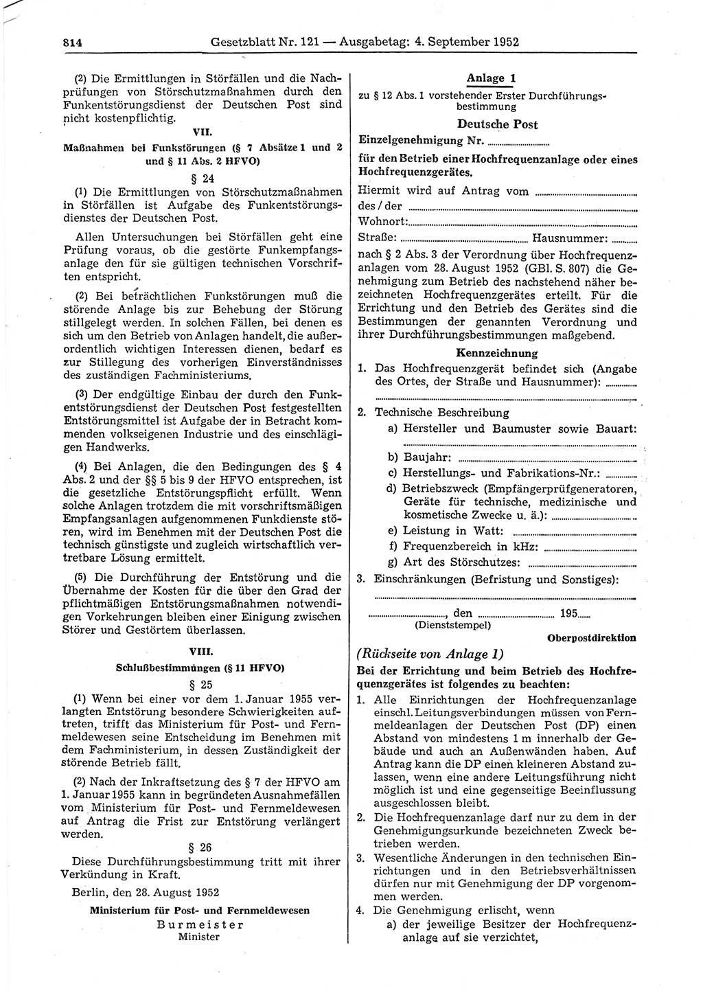 Gesetzblatt (GBl.) der Deutschen Demokratischen Republik (DDR) 1952, Seite 814 (GBl. DDR 1952, S. 814)