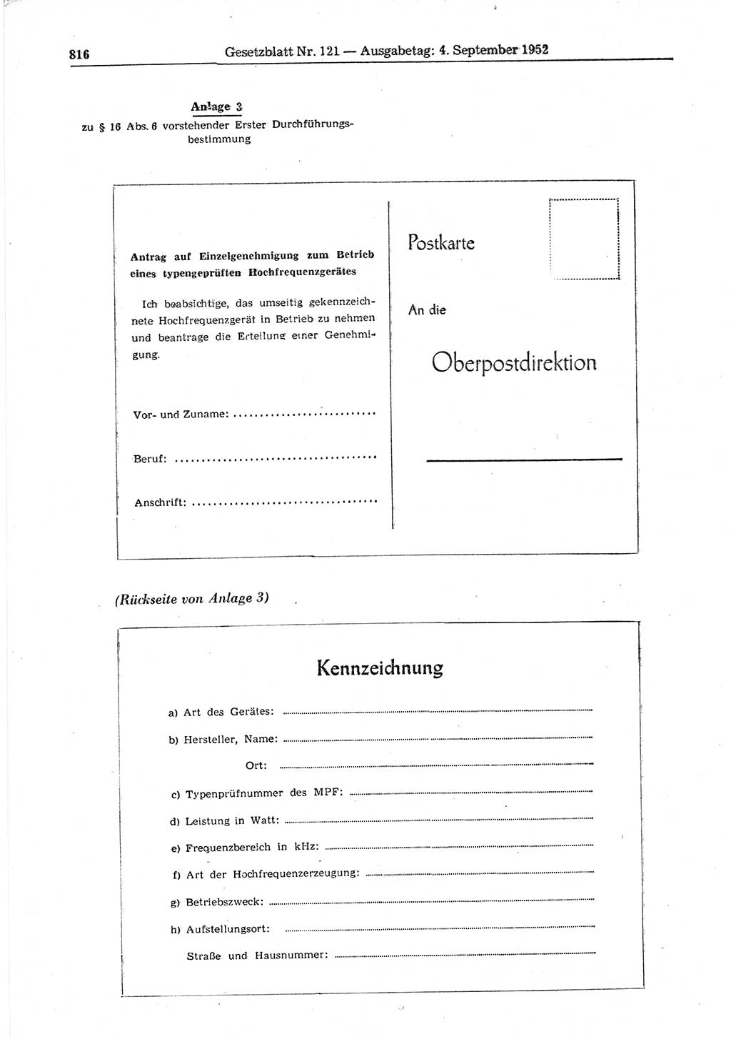 Gesetzblatt (GBl.) der Deutschen Demokratischen Republik (DDR) 1952, Seite 816 (GBl. DDR 1952, S. 816)