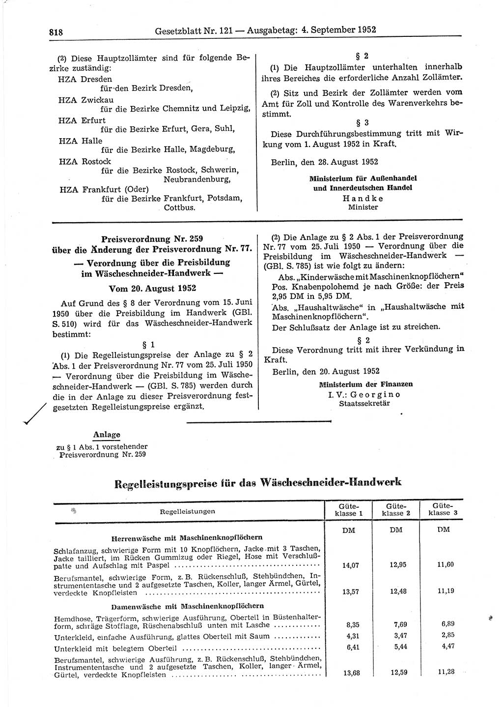 Gesetzblatt (GBl.) der Deutschen Demokratischen Republik (DDR) 1952, Seite 818 (GBl. DDR 1952, S. 818)