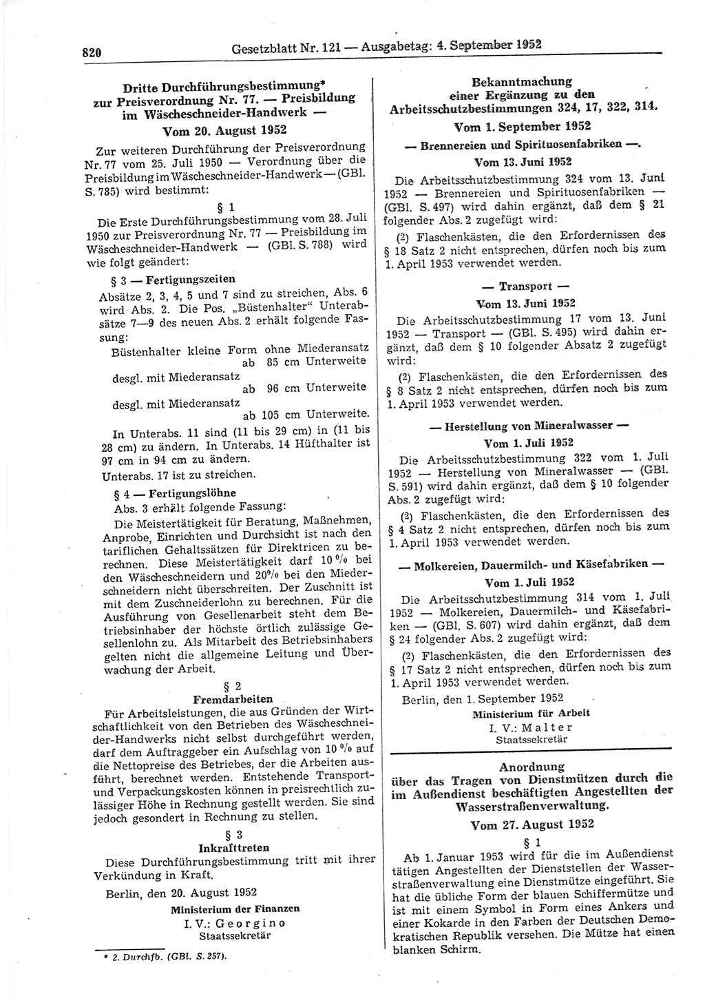 Gesetzblatt (GBl.) der Deutschen Demokratischen Republik (DDR) 1952, Seite 820 (GBl. DDR 1952, S. 820)