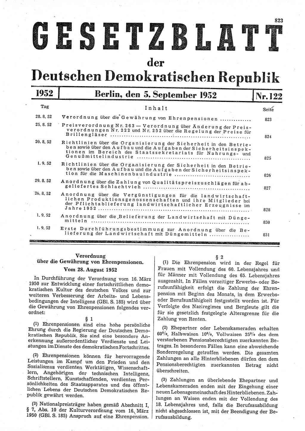 Gesetzblatt (GBl.) der Deutschen Demokratischen Republik (DDR) 1952, Seite 823 (GBl. DDR 1952, S. 823)