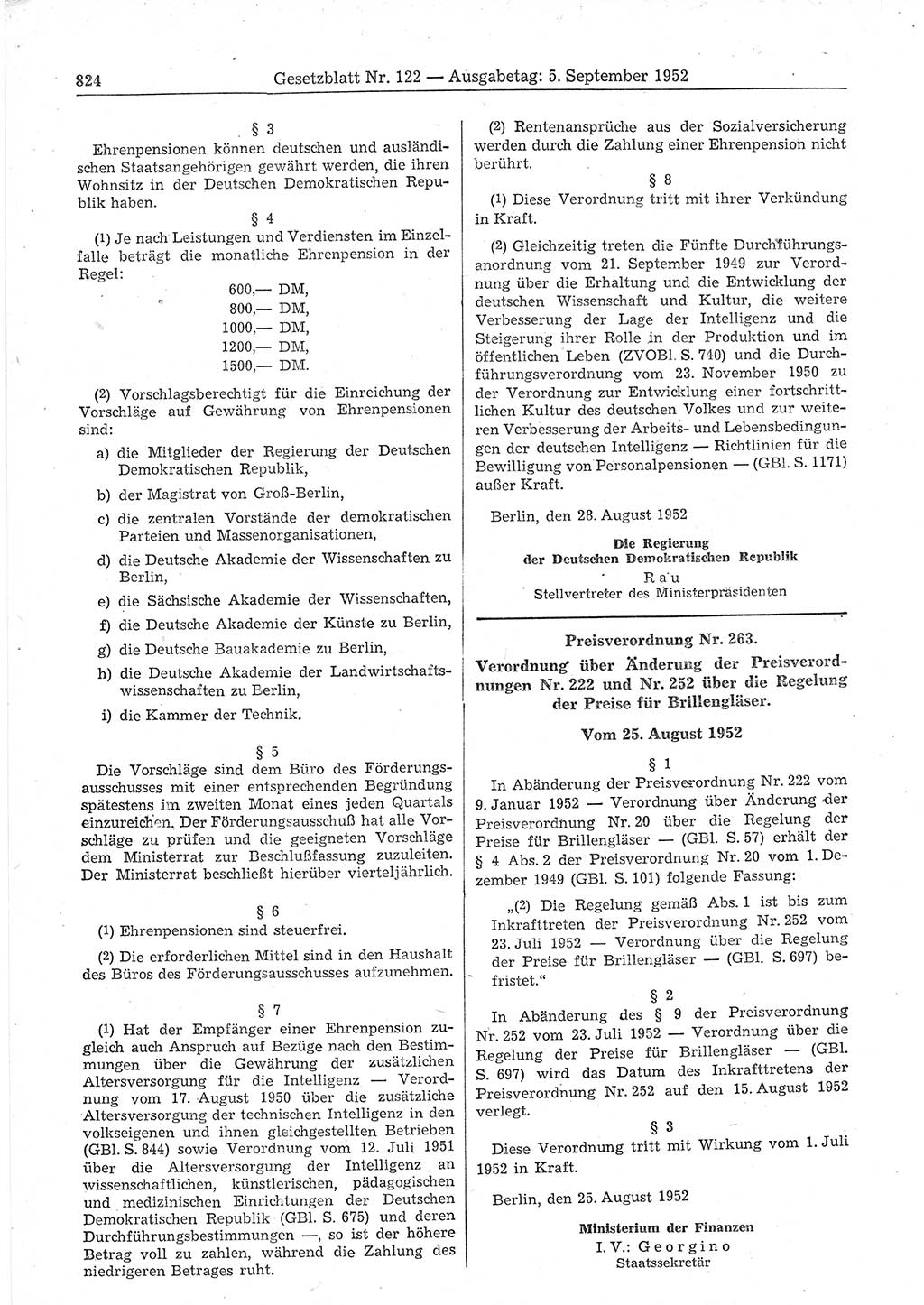 Gesetzblatt (GBl.) der Deutschen Demokratischen Republik (DDR) 1952, Seite 824 (GBl. DDR 1952, S. 824)