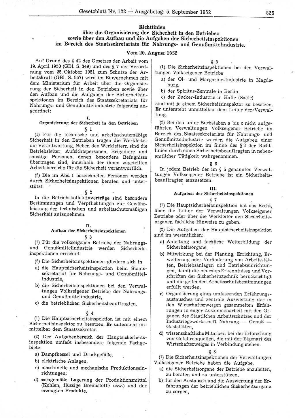 Gesetzblatt (GBl.) der Deutschen Demokratischen Republik (DDR) 1952, Seite 825 (GBl. DDR 1952, S. 825)