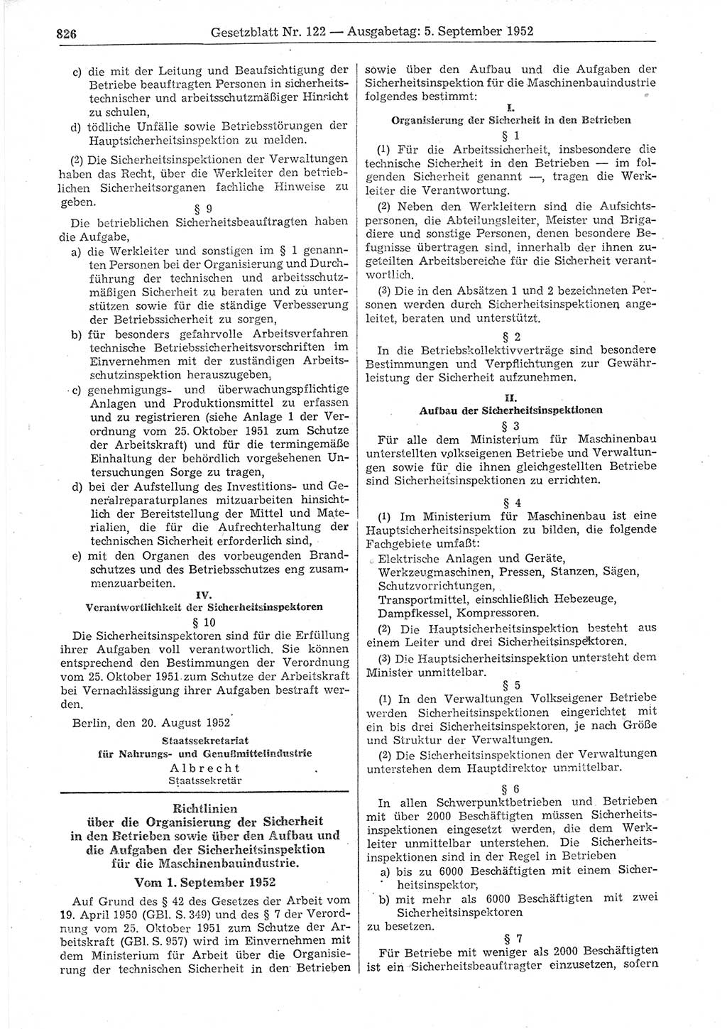 Gesetzblatt (GBl.) der Deutschen Demokratischen Republik (DDR) 1952, Seite 826 (GBl. DDR 1952, S. 826)