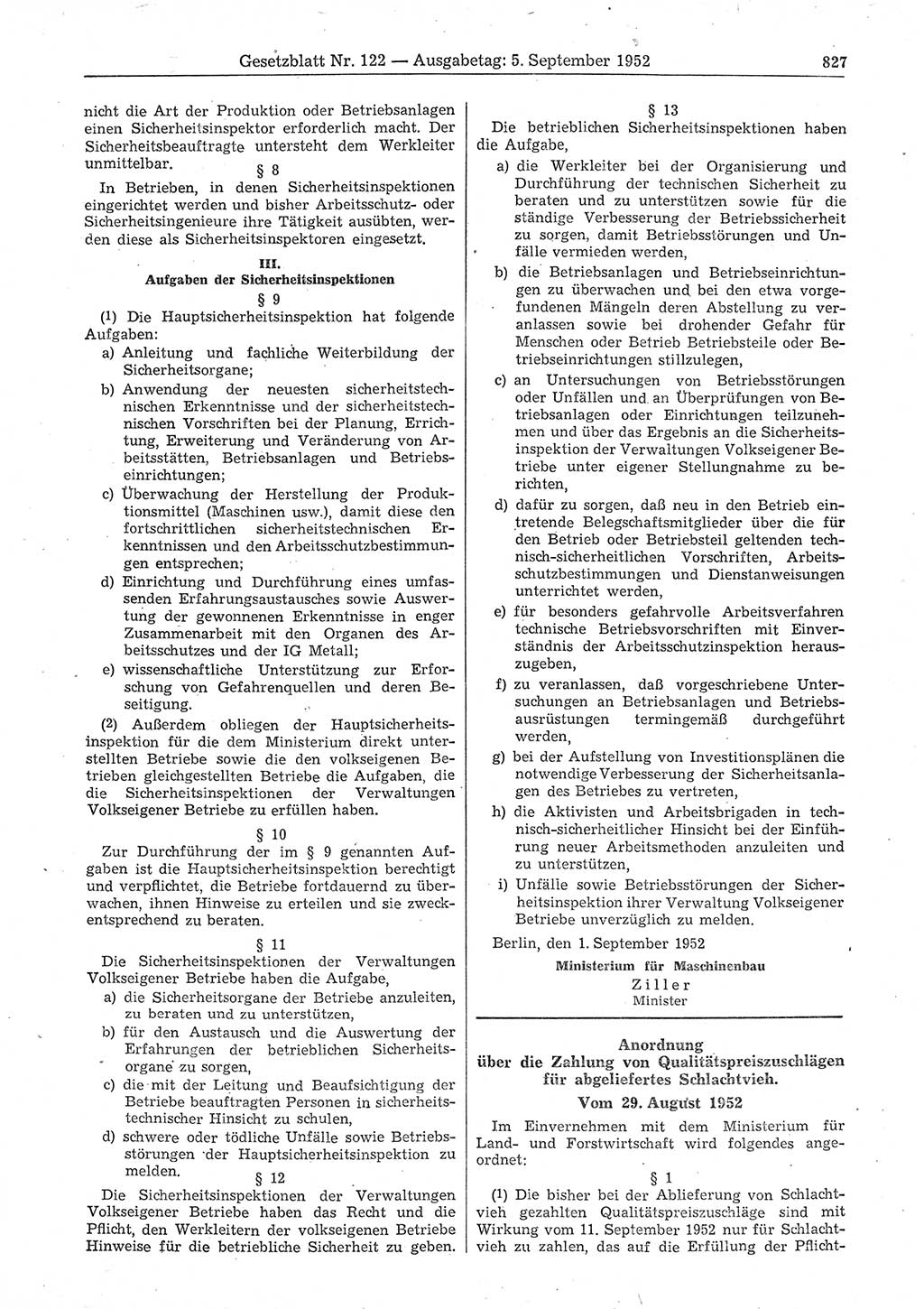 Gesetzblatt (GBl.) der Deutschen Demokratischen Republik (DDR) 1952, Seite 827 (GBl. DDR 1952, S. 827)