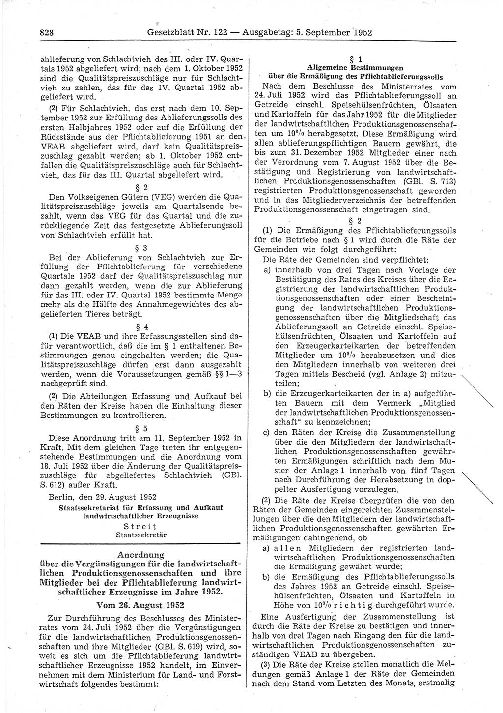 Gesetzblatt (GBl.) der Deutschen Demokratischen Republik (DDR) 1952, Seite 828 (GBl. DDR 1952, S. 828)