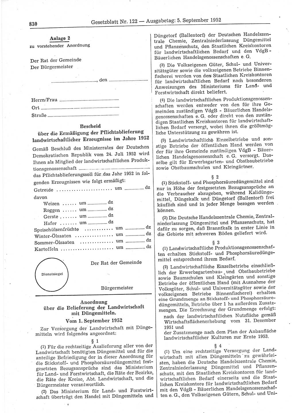 Gesetzblatt (GBl.) der Deutschen Demokratischen Republik (DDR) 1952, Seite 830 (GBl. DDR 1952, S. 830)