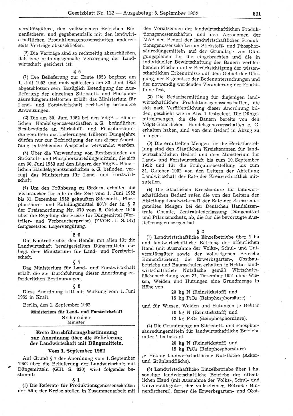 Gesetzblatt (GBl.) der Deutschen Demokratischen Republik (DDR) 1952, Seite 831 (GBl. DDR 1952, S. 831)