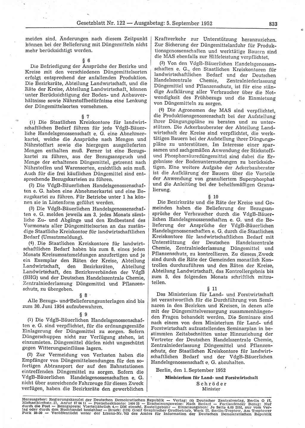 Gesetzblatt (GBl.) der Deutschen Demokratischen Republik (DDR) 1952, Seite 833 (GBl. DDR 1952, S. 833)