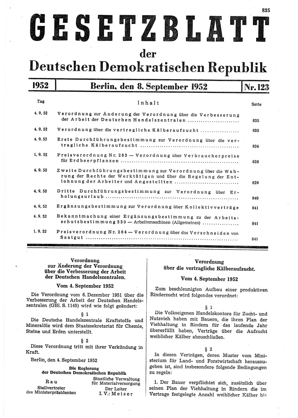 Gesetzblatt (GBl.) der Deutschen Demokratischen Republik (DDR) 1952, Seite 835 (GBl. DDR 1952, S. 835)