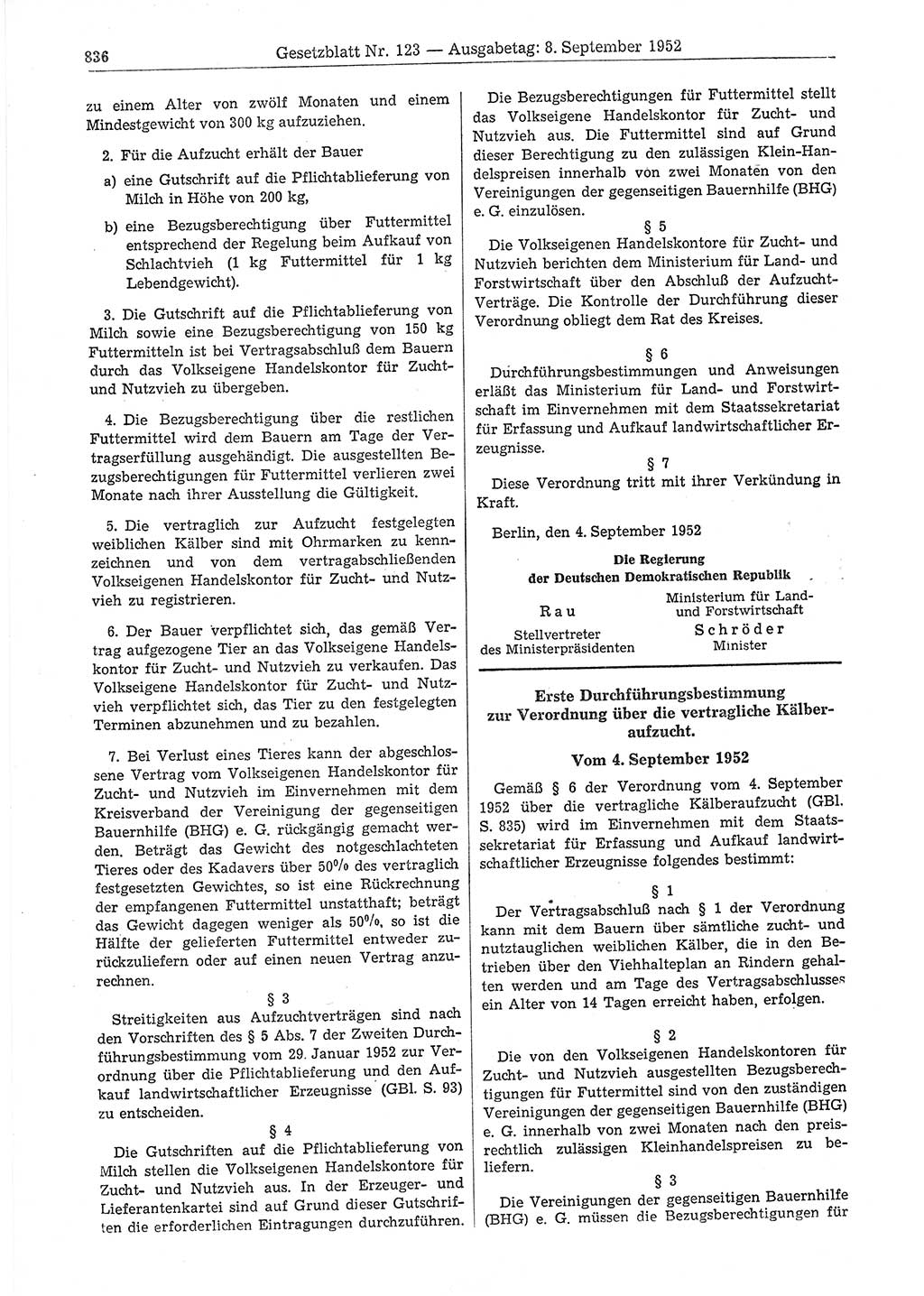 Gesetzblatt (GBl.) der Deutschen Demokratischen Republik (DDR) 1952, Seite 836 (GBl. DDR 1952, S. 836)