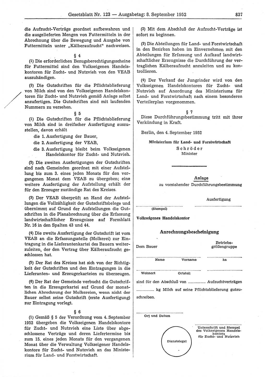 Gesetzblatt (GBl.) der Deutschen Demokratischen Republik (DDR) 1952, Seite 837 (GBl. DDR 1952, S. 837)