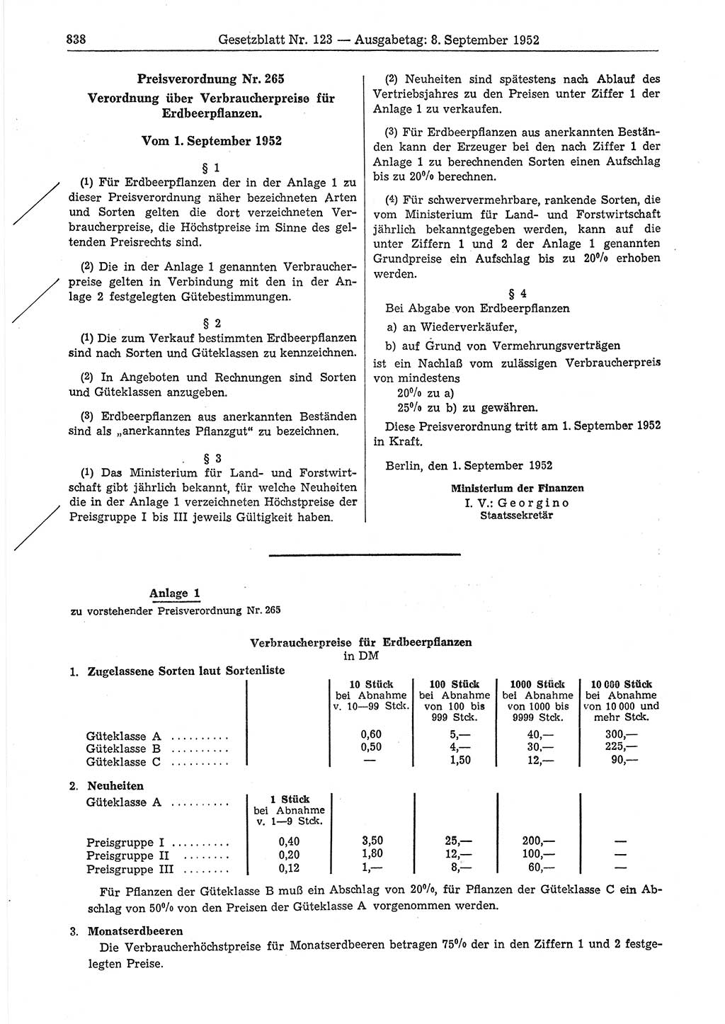 Gesetzblatt (GBl.) der Deutschen Demokratischen Republik (DDR) 1952, Seite 838 (GBl. DDR 1952, S. 838)
