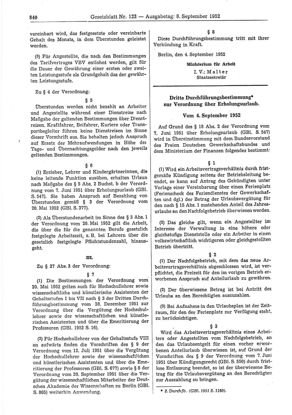 Gesetzblatt (GBl.) der Deutschen Demokratischen Republik (DDR) 1952, Seite 840 (GBl. DDR 1952, S. 840)