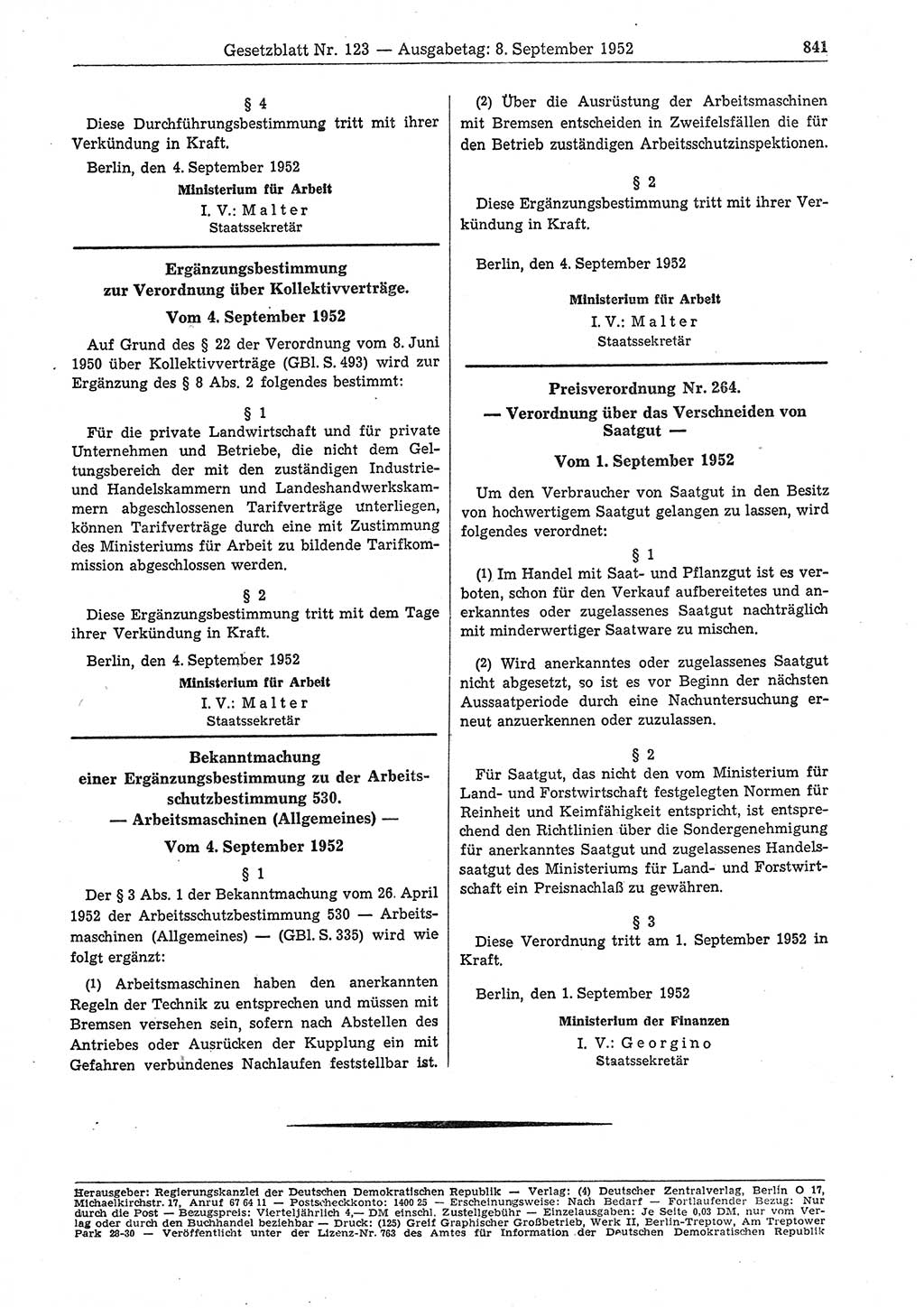 Gesetzblatt (GBl.) der Deutschen Demokratischen Republik (DDR) 1952, Seite 841 (GBl. DDR 1952, S. 841)