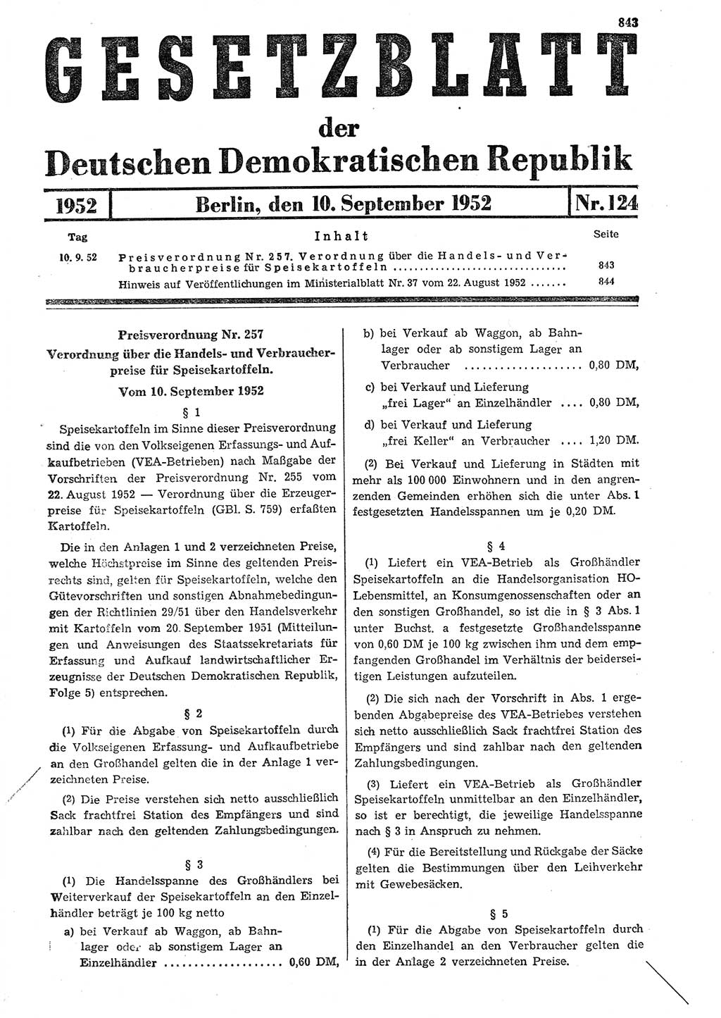 Gesetzblatt (GBl.) der Deutschen Demokratischen Republik (DDR) 1952, Seite 843 (GBl. DDR 1952, S. 843)