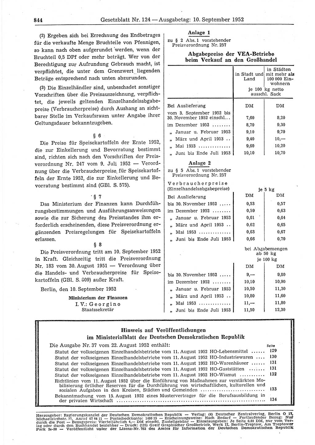 Gesetzblatt (GBl.) der Deutschen Demokratischen Republik (DDR) 1952, Seite 844 (GBl. DDR 1952, S. 844)