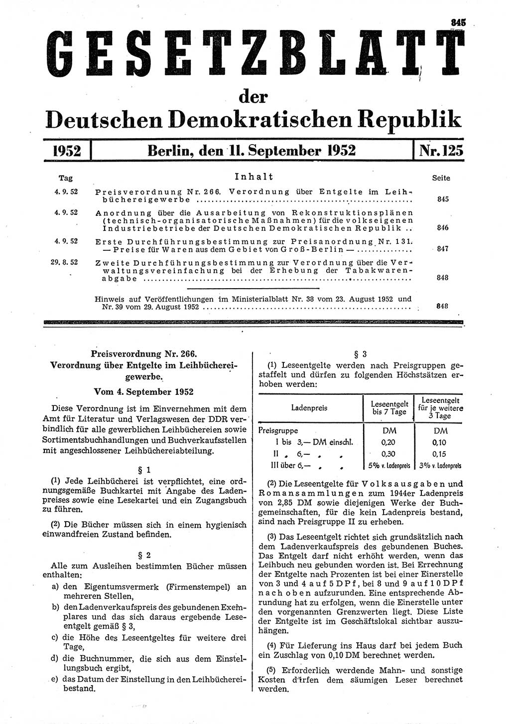 Gesetzblatt (GBl.) der Deutschen Demokratischen Republik (DDR) 1952, Seite 845 (GBl. DDR 1952, S. 845)
