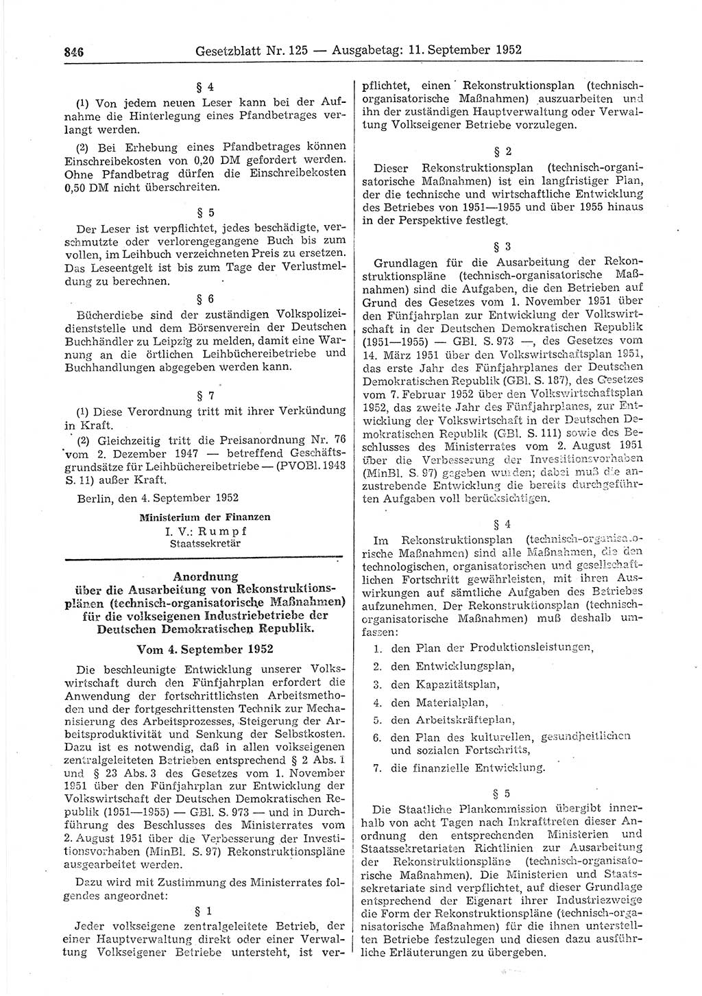 Gesetzblatt (GBl.) der Deutschen Demokratischen Republik (DDR) 1952, Seite 846 (GBl. DDR 1952, S. 846)