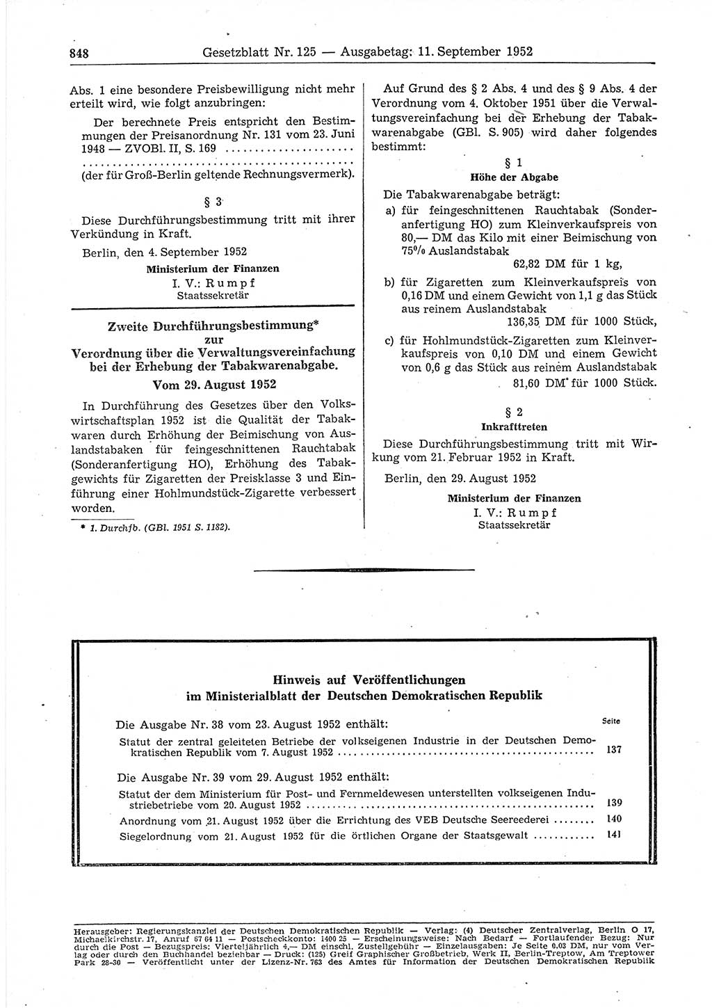 Gesetzblatt (GBl.) der Deutschen Demokratischen Republik (DDR) 1952, Seite 848 (GBl. DDR 1952, S. 848)
