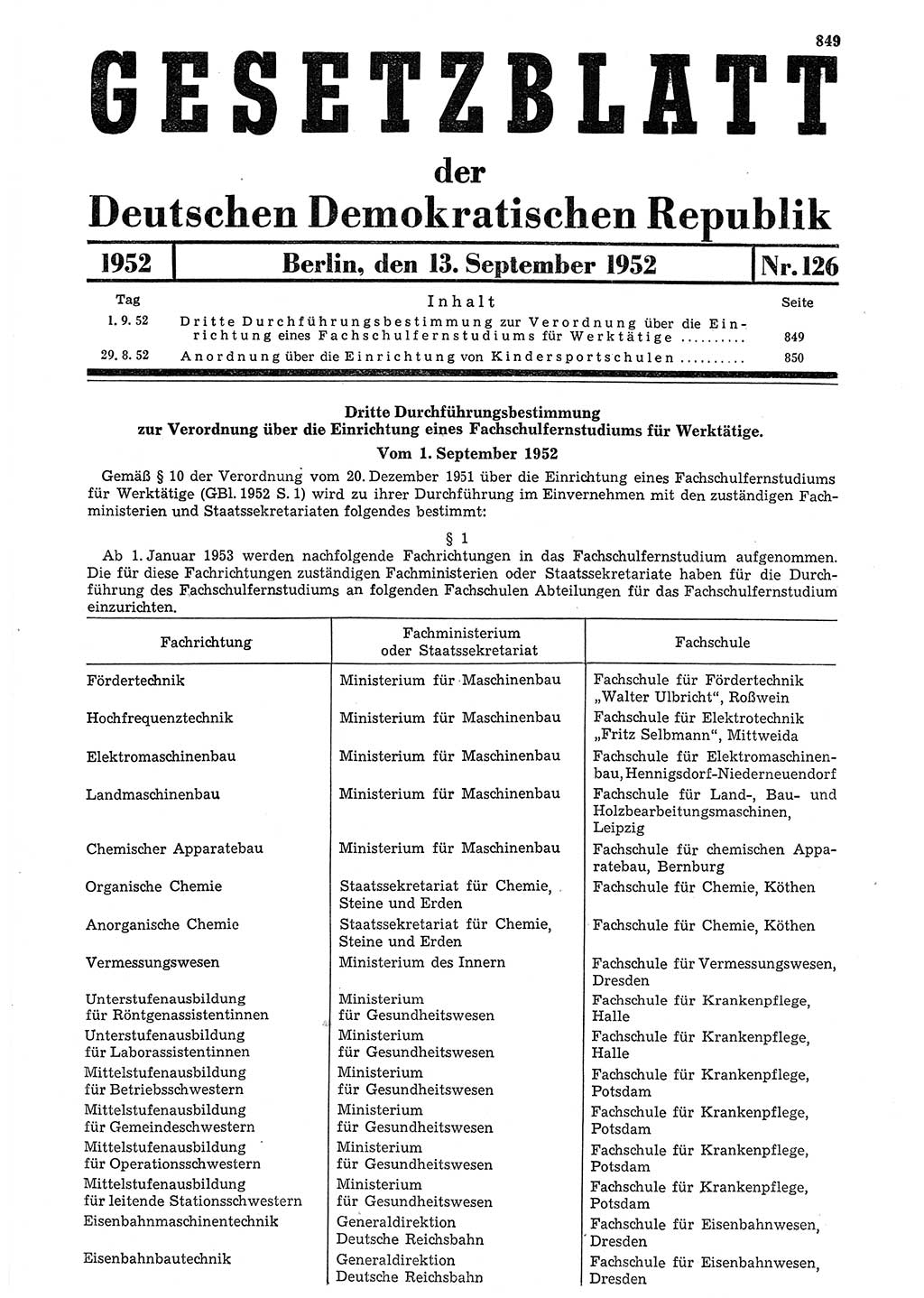 Gesetzblatt (GBl.) der Deutschen Demokratischen Republik (DDR) 1952, Seite 849 (GBl. DDR 1952, S. 849)