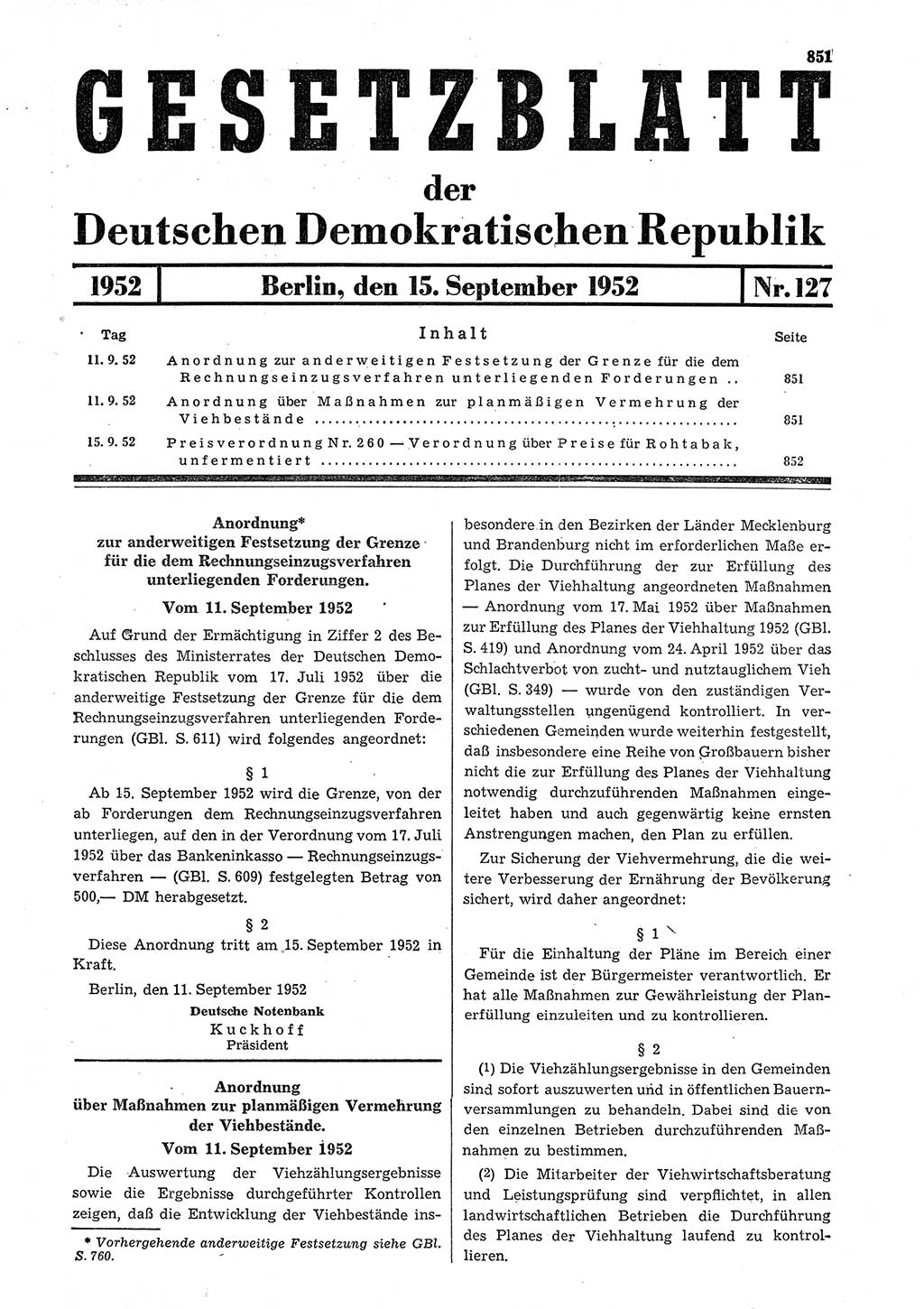 Gesetzblatt (GBl.) der Deutschen Demokratischen Republik (DDR) 1952, Seite 851 (GBl. DDR 1952, S. 851)