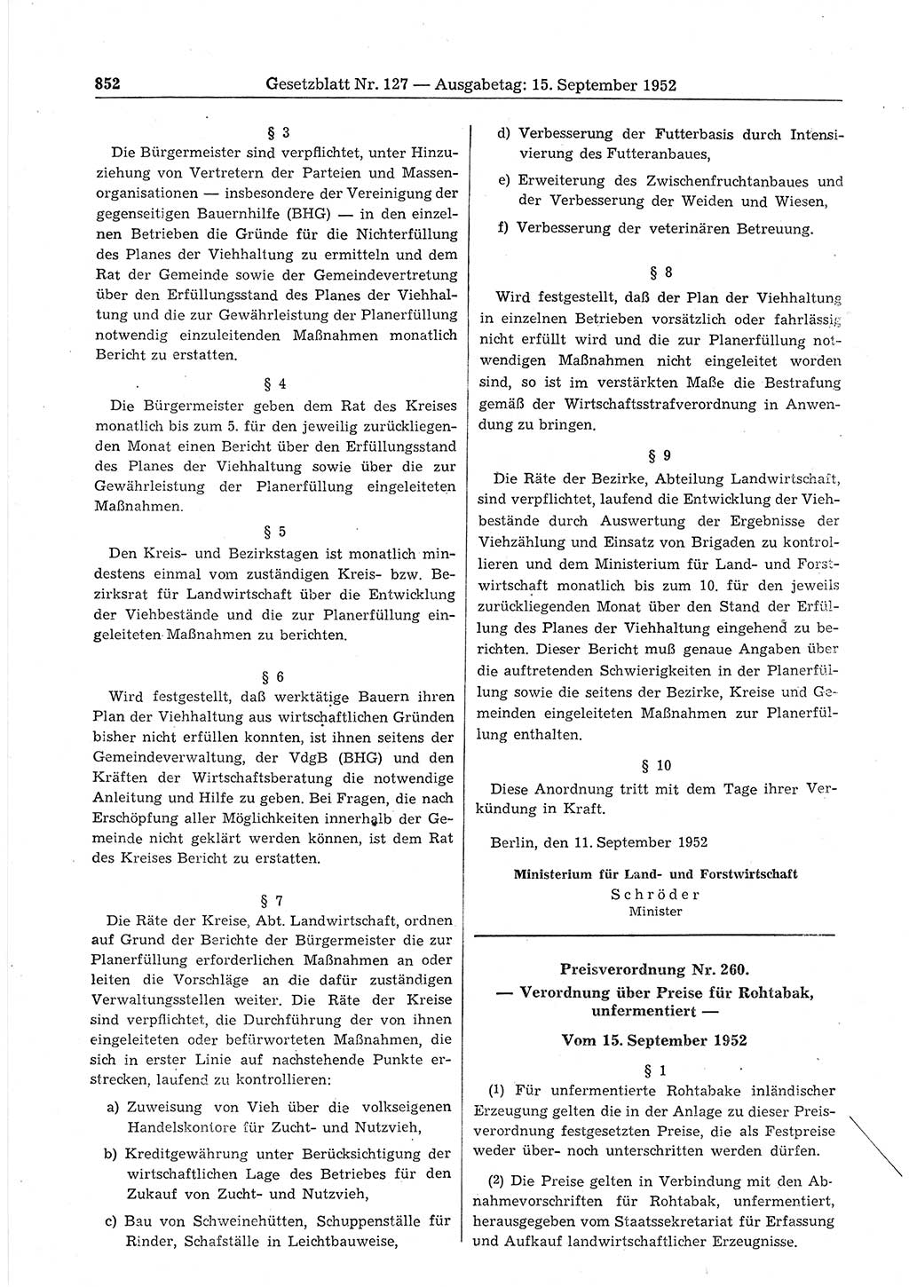 Gesetzblatt (GBl.) der Deutschen Demokratischen Republik (DDR) 1952, Seite 852 (GBl. DDR 1952, S. 852)