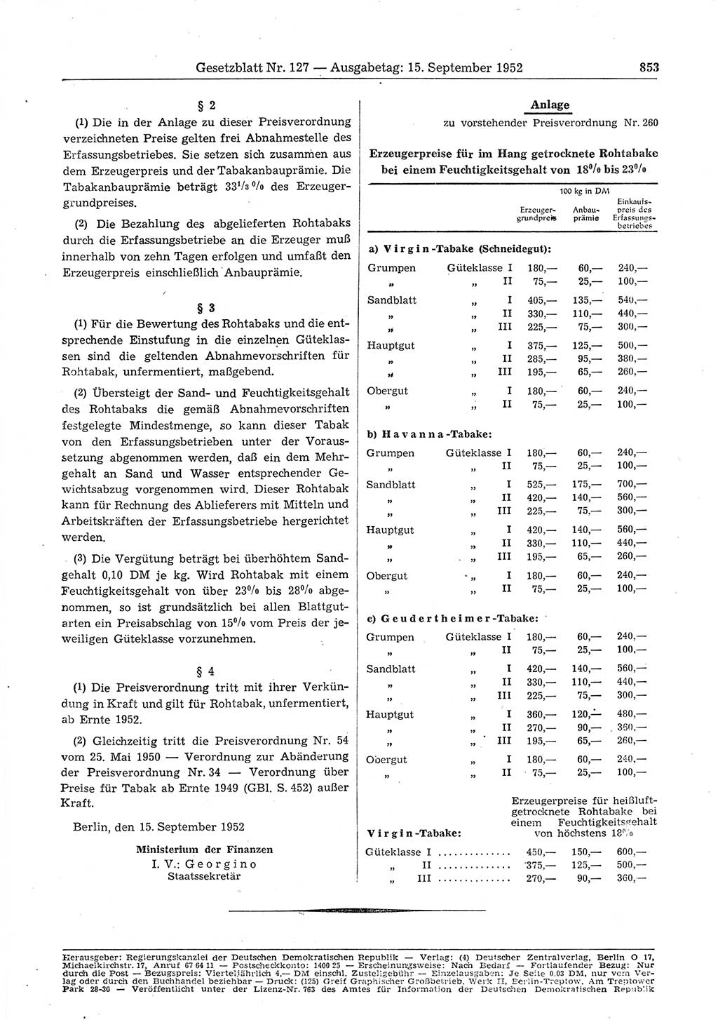 Gesetzblatt (GBl.) der Deutschen Demokratischen Republik (DDR) 1952, Seite 853 (GBl. DDR 1952, S. 853)