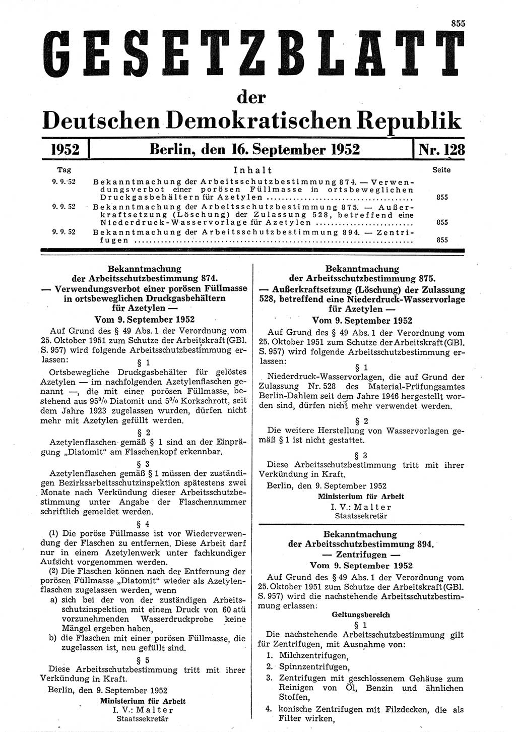 Gesetzblatt (GBl.) der Deutschen Demokratischen Republik (DDR) 1952, Seite 855 (GBl. DDR 1952, S. 855)