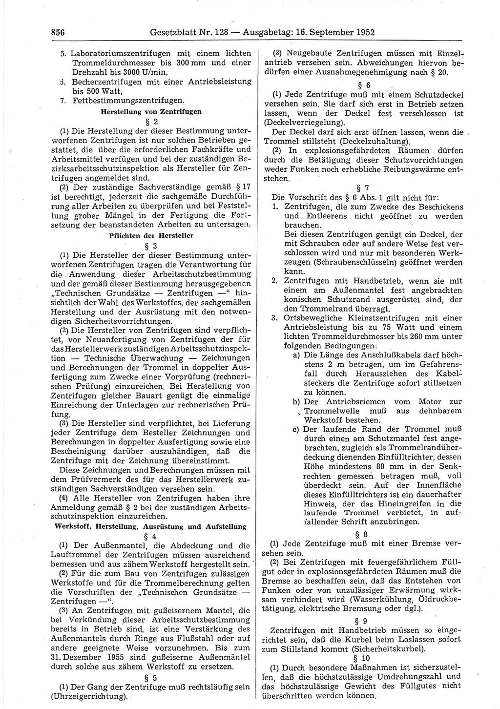 Gesetzblatt (GBl.) der Deutschen Demokratischen Republik (DDR) 1952, Seite 856 (GBl. DDR 1952, S. 856)