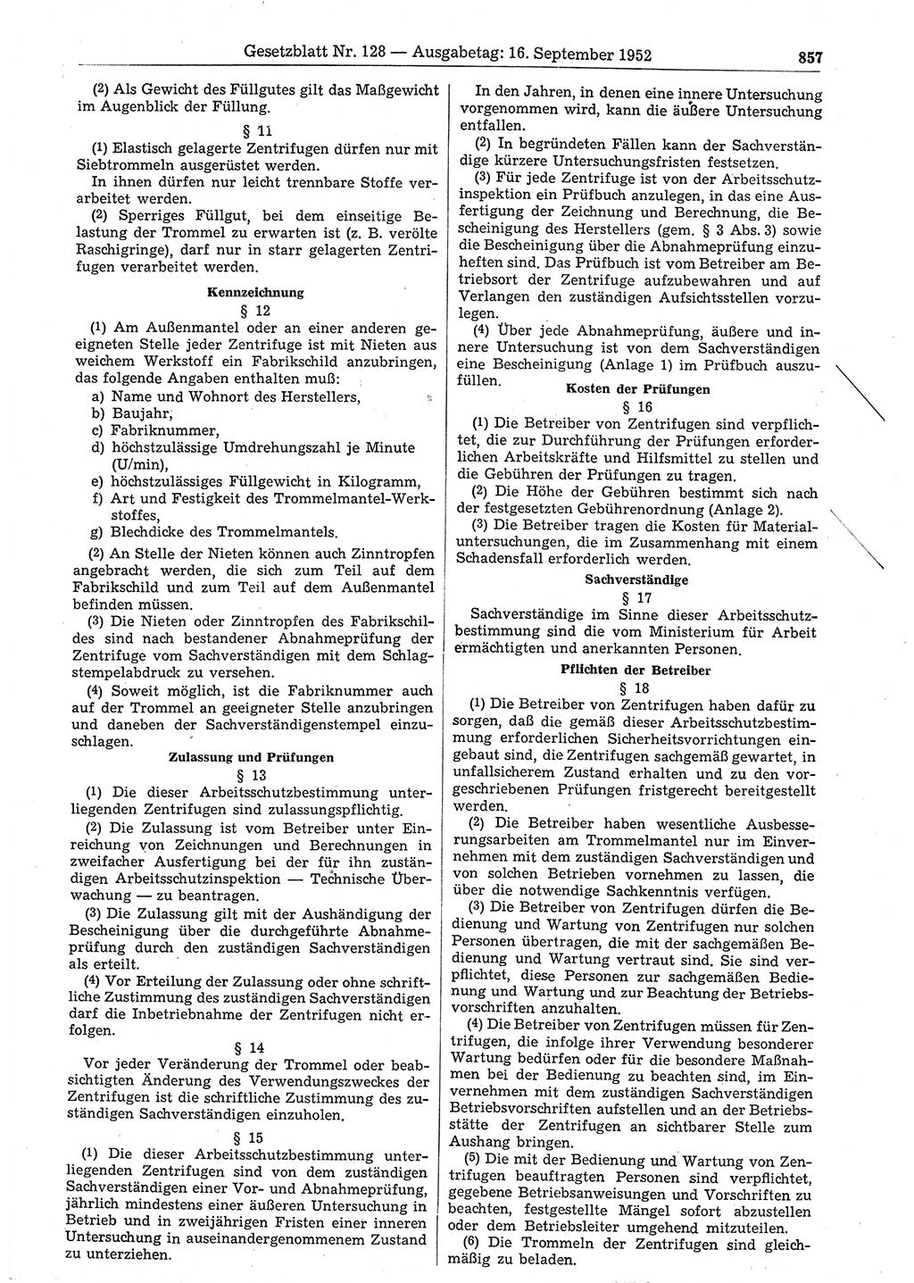 Gesetzblatt (GBl.) der Deutschen Demokratischen Republik (DDR) 1952, Seite 857 (GBl. DDR 1952, S. 857)