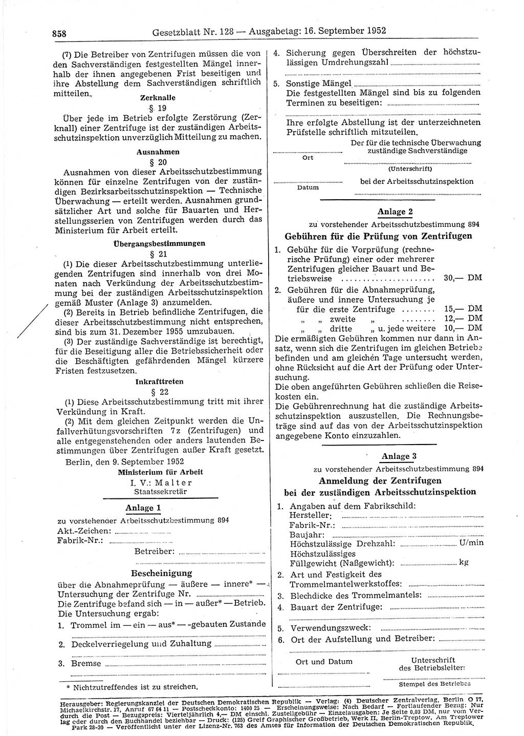 Gesetzblatt (GBl.) der Deutschen Demokratischen Republik (DDR) 1952, Seite 858 (GBl. DDR 1952, S. 858)