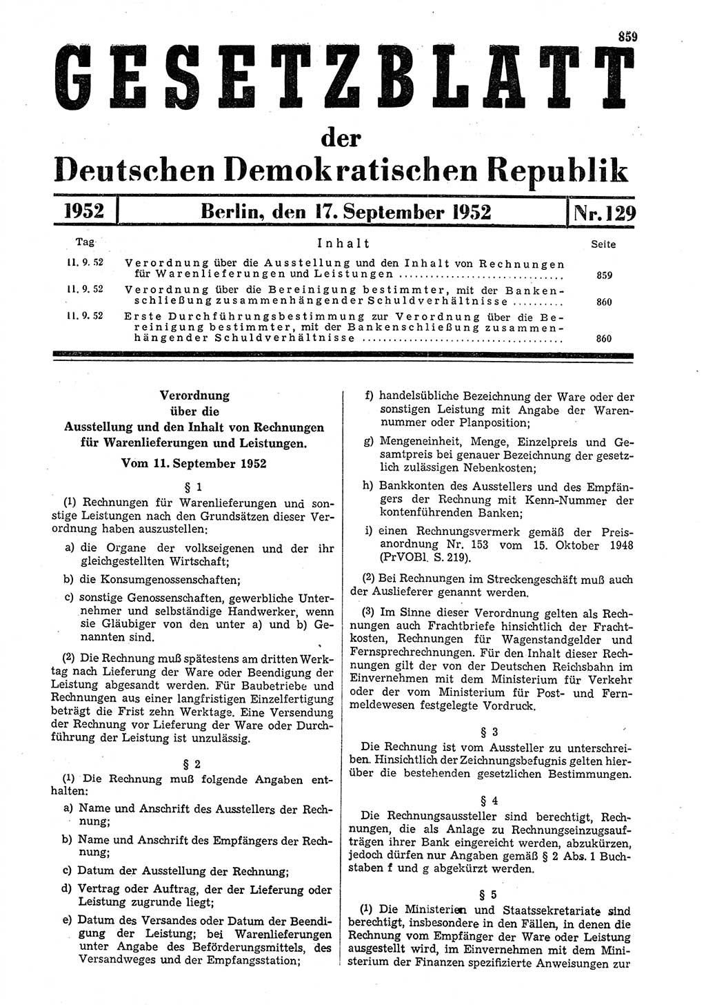 Gesetzblatt (GBl.) der Deutschen Demokratischen Republik (DDR) 1952, Seite 859 (GBl. DDR 1952, S. 859)