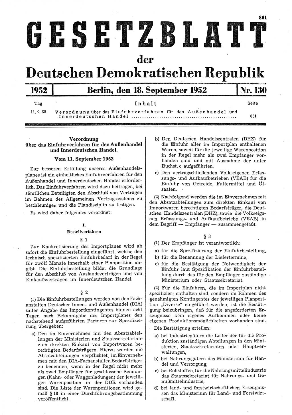 Gesetzblatt (GBl.) der Deutschen Demokratischen Republik (DDR) 1952, Seite 861 (GBl. DDR 1952, S. 861)