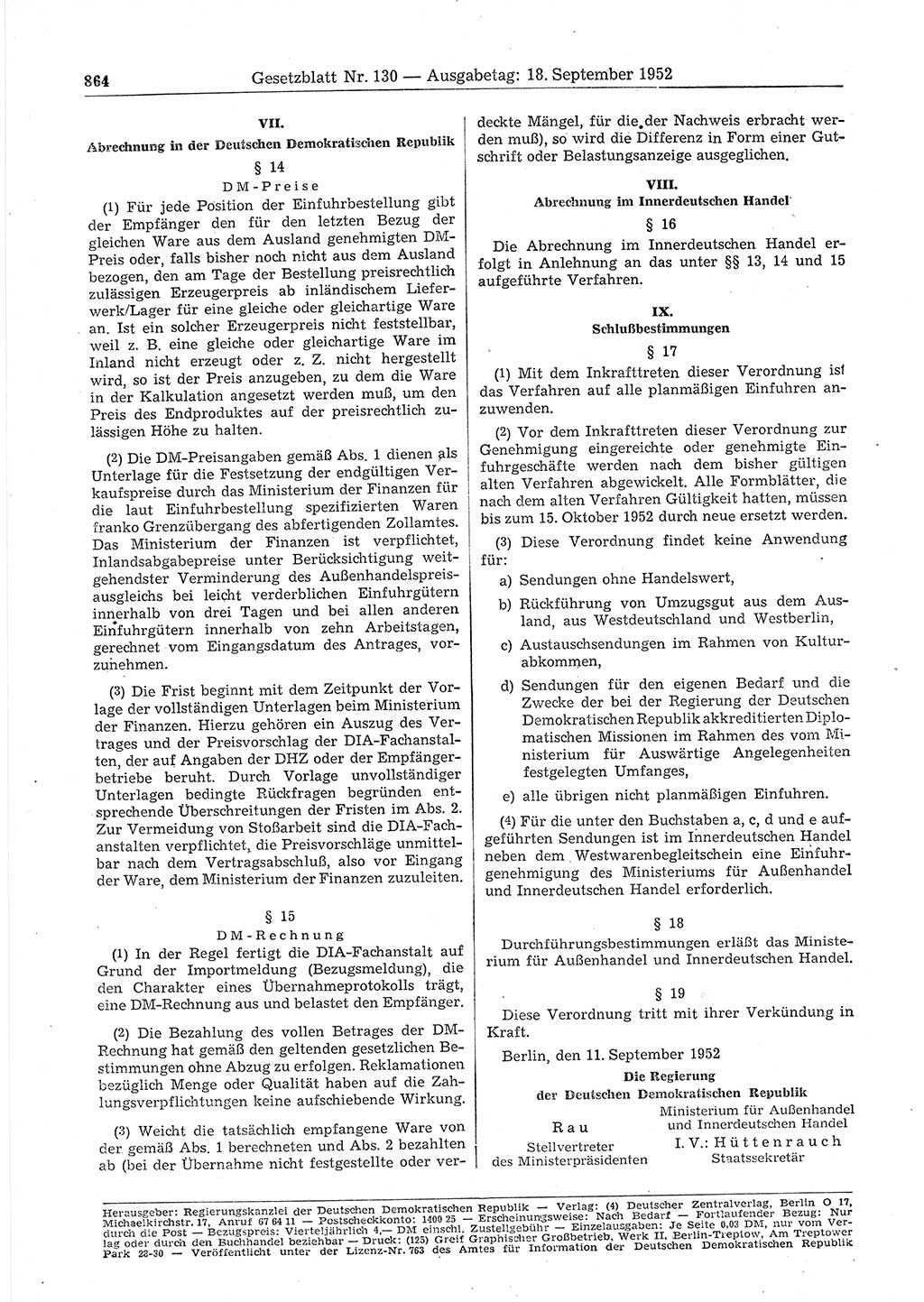 Gesetzblatt (GBl.) der Deutschen Demokratischen Republik (DDR) 1952, Seite 864 (GBl. DDR 1952, S. 864)