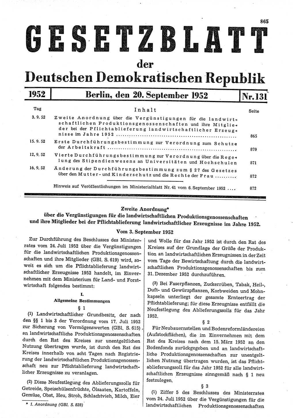 Gesetzblatt (GBl.) der Deutschen Demokratischen Republik (DDR) 1952, Seite 865 (GBl. DDR 1952, S. 865)