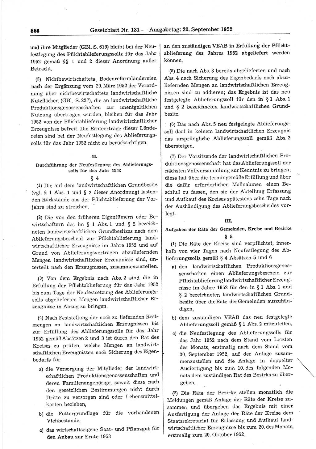 Gesetzblatt (GBl.) der Deutschen Demokratischen Republik (DDR) 1952, Seite 866 (GBl. DDR 1952, S. 866)