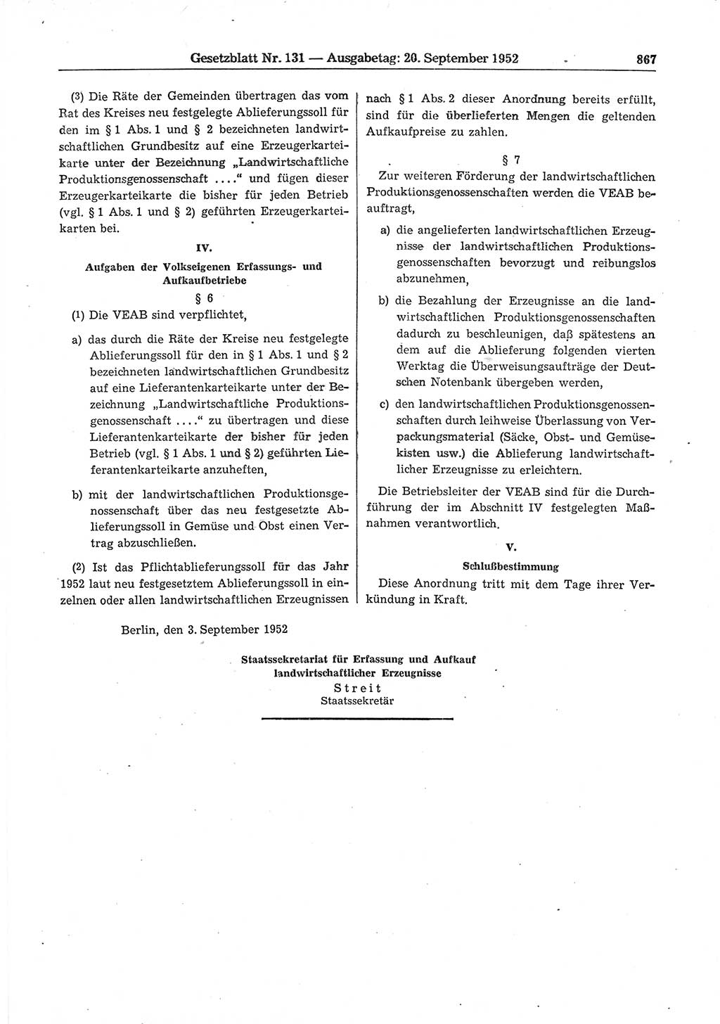 Gesetzblatt (GBl.) der Deutschen Demokratischen Republik (DDR) 1952, Seite 867 (GBl. DDR 1952, S. 867)