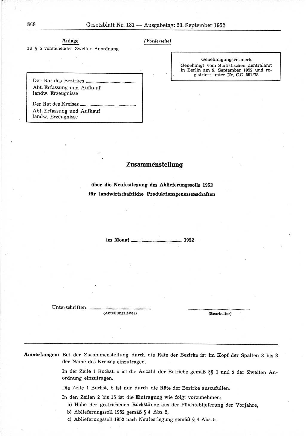 Gesetzblatt (GBl.) der Deutschen Demokratischen Republik (DDR) 1952, Seite 868 (GBl. DDR 1952, S. 868)